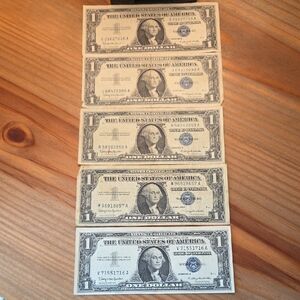 (5) Series 1957 B Vintage One Dollar Silver Certificates